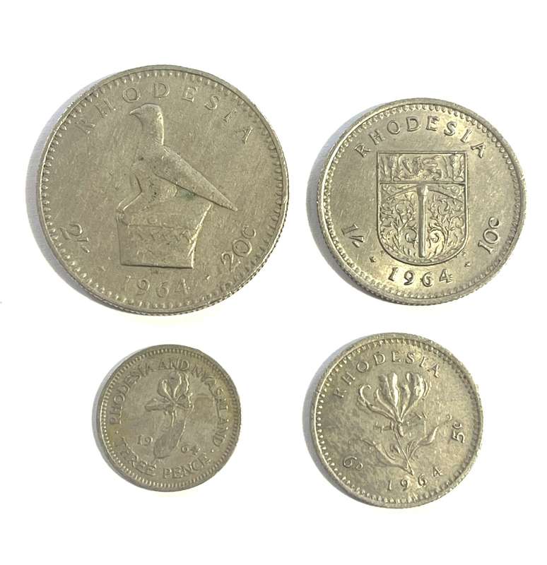 1964 Rhodesia Coins Lot x4  2 shillings (20c), 1 shilling (10c), sixpence (6d) three pence