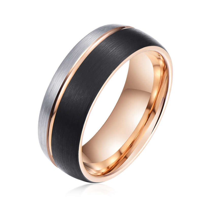 Mens Silver, Black & Rose Gold Tungsten Ring - Size 7