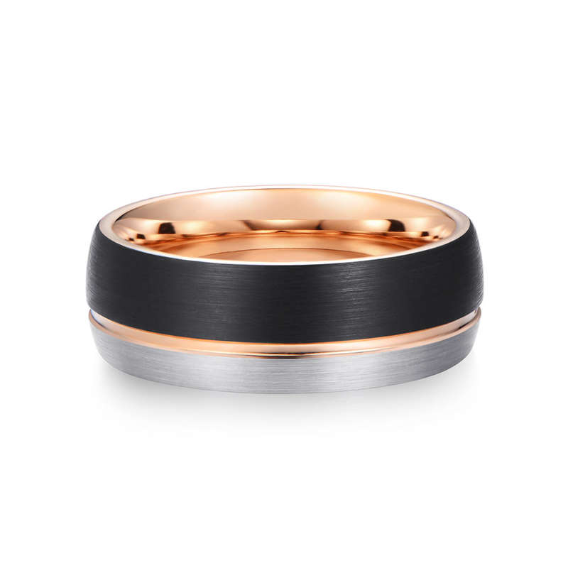 Mens Silver, Black & Rose Gold Tungsten Ring - Size 7