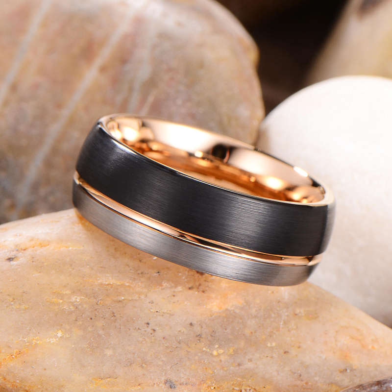 Mens Silver, Black & Rose Gold Tungsten Ring - Size 7