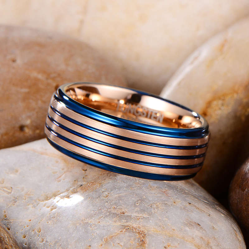 Mens Blue & Rose Gold Tungsten Ring  Brushed Finish - Size 12
