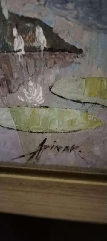 LARGE OIL PAINTING OF ORIENTAL FISHERMAN AT DUCK POND-ARTIST APIRAK