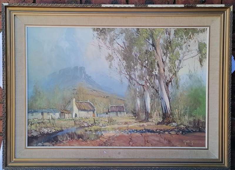 INVESTMENT ART!! FRAMED OIL PAINTING OF FARM STEAD AT FOOT OF MOUNTAIN-ARTIST GERRIT ROON