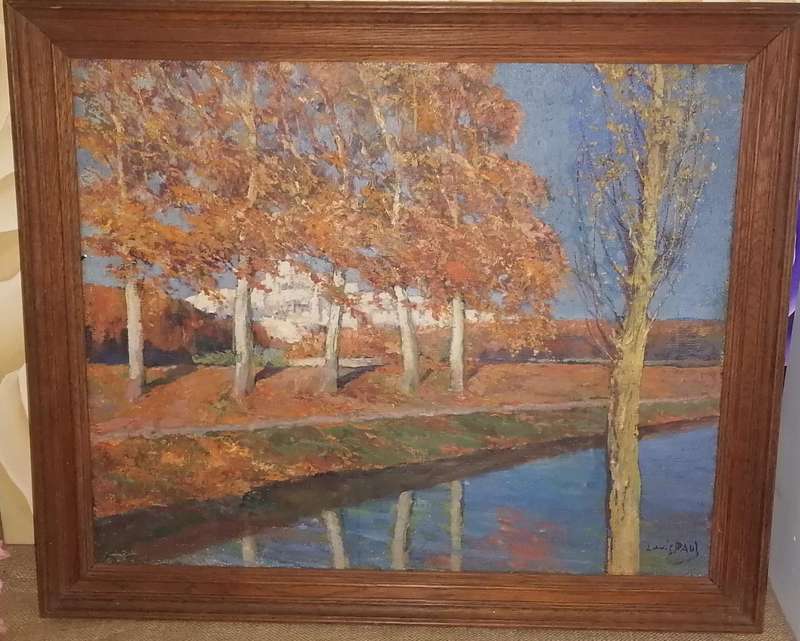 REDUCED!! FRAMED OIL PAINTING OF TREES BY LAKE-ARTIST LOUIS PAUL