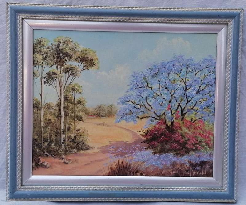 SMALL FRAMED PAINTING OF COUNTRY ROAD AND TREES-ARTIST TINA MACDONALD