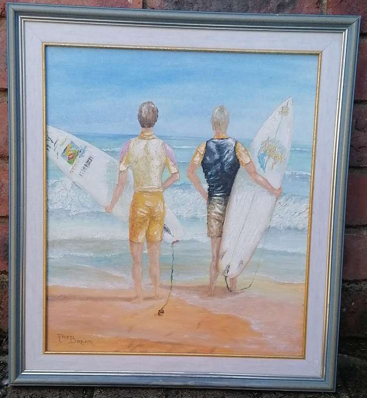 FRAMED PAINTING OF SURFERS-ARTIST FRED BREAR