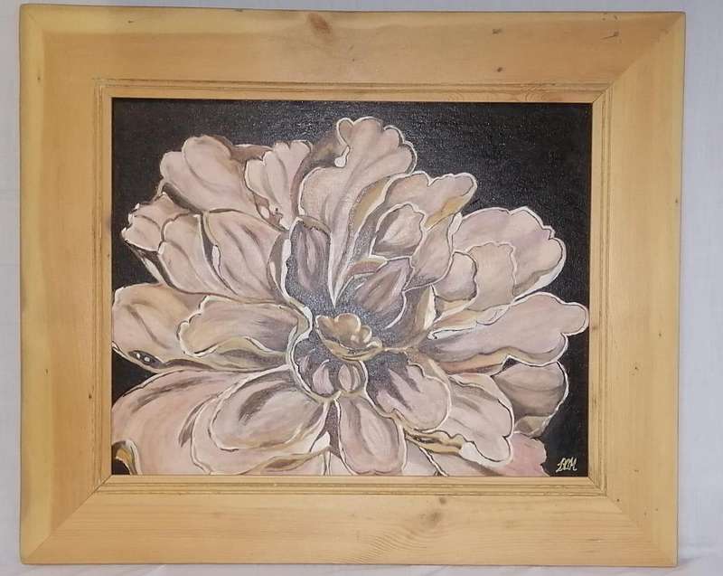 FRAMED PAINTING OF NEUTRAL COLOURED FLOWER-ARTIST BRENDA HARRISON