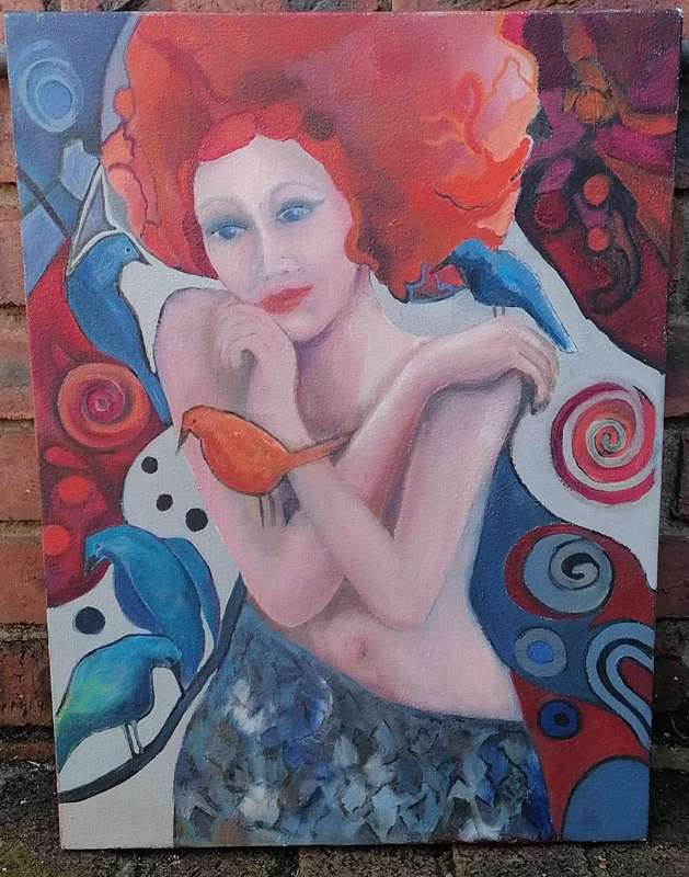 PAINTING ON BLOCK MOUNT CANVAS OF LADY WITH BIRDS-ARTIST SUE GREEN