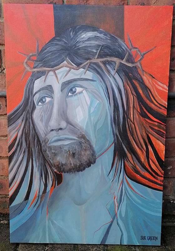 PAINTING ON BLOCK MOUNT CANVAS OF JESUS-ARTIST SUE GREEN