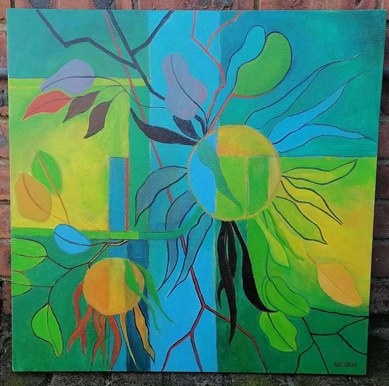 PAINTING ON BLOCK MOUNT CANVAS OF ABSTRACT SUNFLOWER-ARTIST SUE GREEN