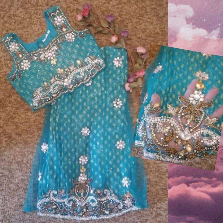 GIRLS TURQUOISE AND BEADED LEHENGA Says size 20.
