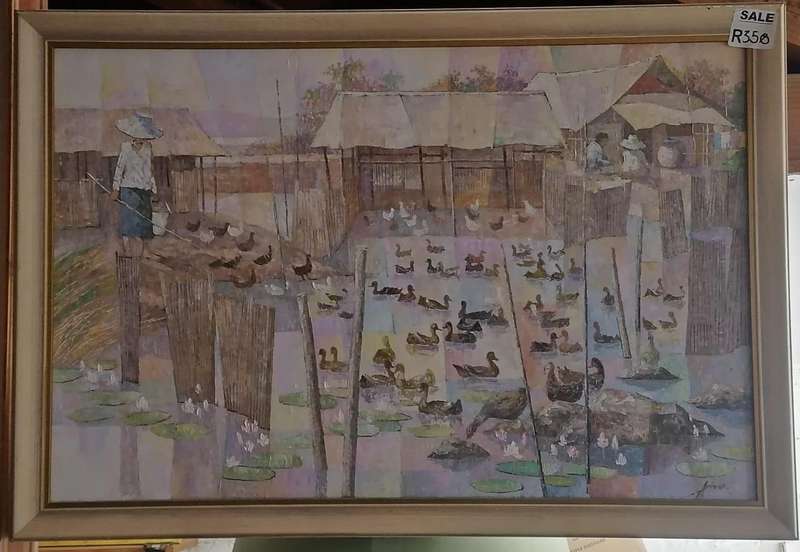 LARGE OIL PAINTING OF ORIENTAL FISHERMAN AT DUCK POND-ARTIST APIRAK