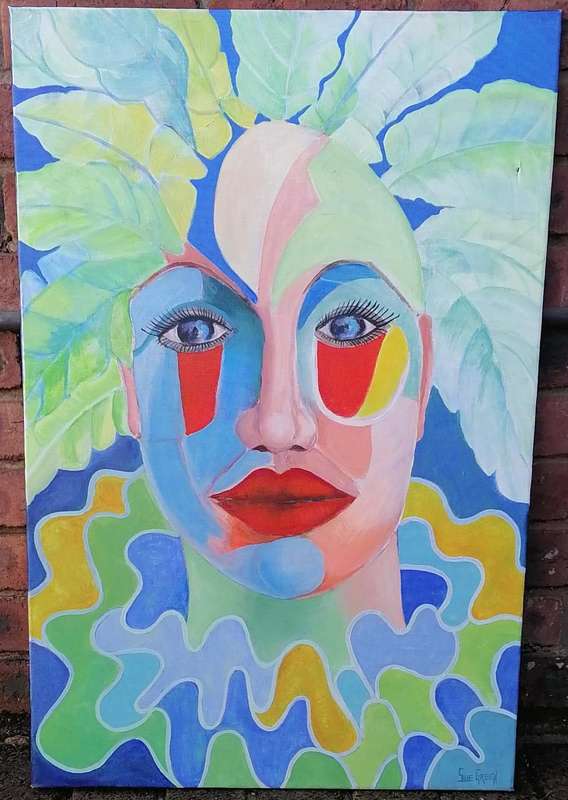 PAINTING ON BLOCK MOUNT CANVAS OF MARDI GRAS CHARACTER/CLOWN-ARTIST SUE GREEN