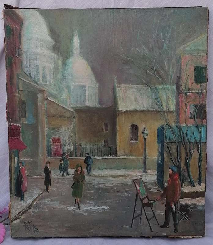 VINTAGE PAINTING ON BLOCK MOUNT CANVAS OF WINTER DAY IN EUROPEAN TOWN-ARTIST MAXINE PAYNE