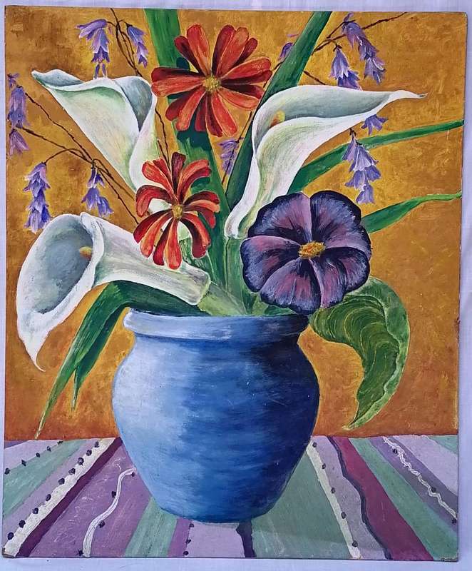 UNFRAMED PAINTING OF FLOWERS IN VASE ON BOARD-NO SIGNATURE