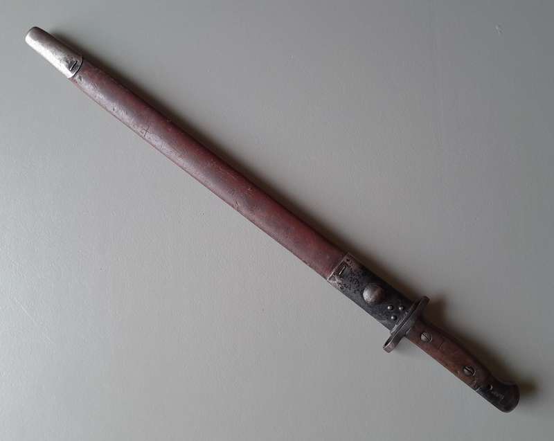S.A. Police Issue WW2 1907 Pattern Wilkinson Sword Bayonet With Rare Brown Leather Scabbard.