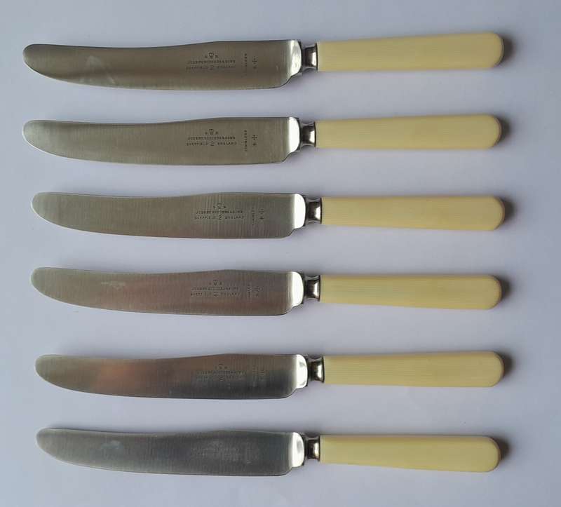 Antique Joseph Rodgers & Sons Set Of Six Dessert Knives With Ivorine Handles. Rare Original Box.