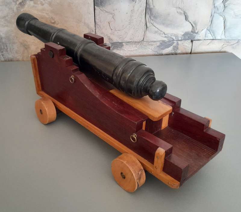 Vintage Large Hand Crafted Wooden Cannon Model By "Thabo Kruger, Zastron". 45cm Long.
