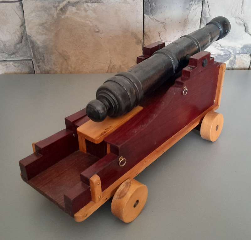 Vintage Large Hand Crafted Wooden Cannon Model By "Thabo Kruger, Zastron". 45cm Long.
