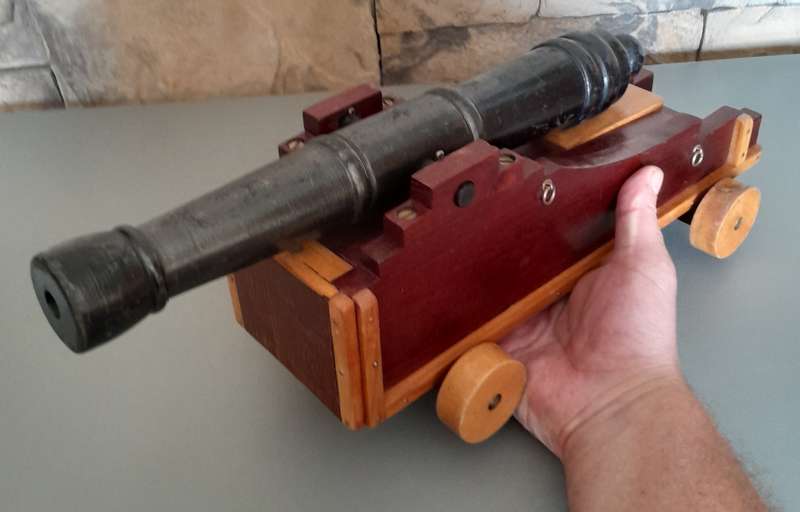 Vintage Large Hand Crafted Wooden Cannon Model By "Thabo Kruger, Zastron". 45cm Long.