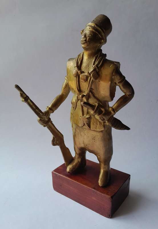 Early Heavy Cast Brass Warrior Statuette. 24cm High.