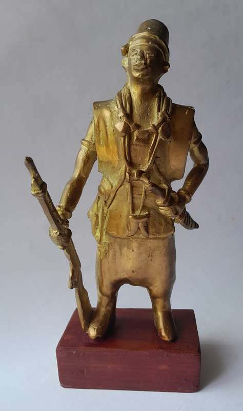 Early Heavy Cast Brass Warrior Statuette. 24cm High.