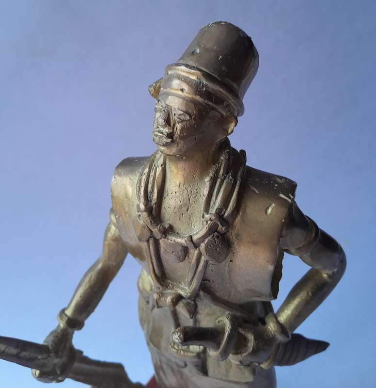 Early Heavy Cast Brass Warrior Statuette. 24cm High.