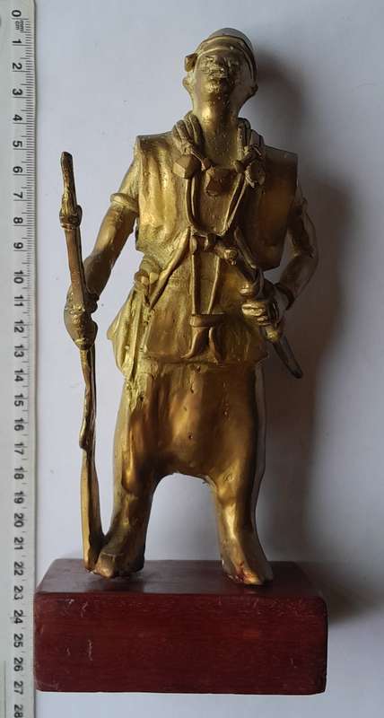 Early Heavy Cast Brass Warrior Statuette. 24cm High.