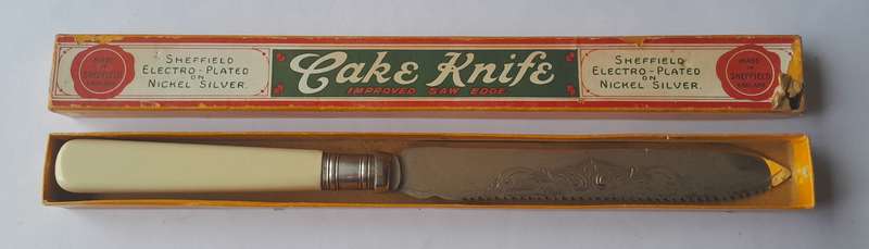 Vintage Sheffield Silver Plated Cake Knife With "Improved Saw Edge". In Original Box.