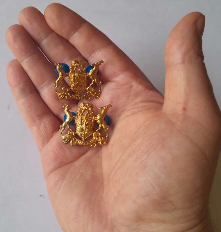 Pair SADF Sergeant Major Class 2 Gilt Badges. All Pins Intact.
