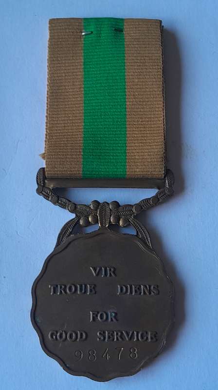 SADF Good Service 10 Years Bronze Full Sized Medal. Numbered.