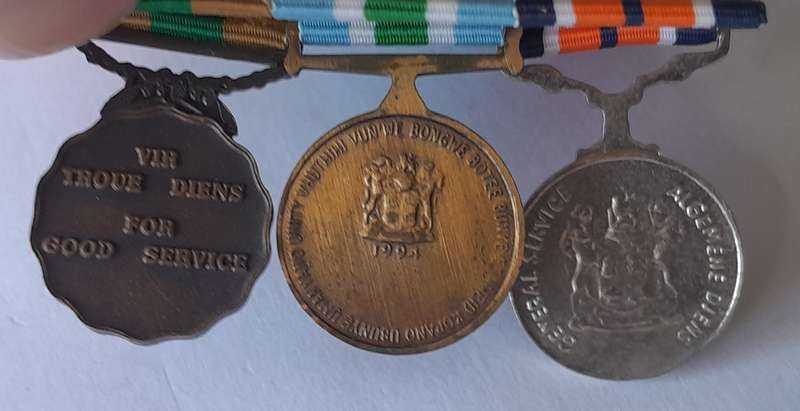 SADF Court Mounted Miniature Medal Set. General Service, Unitas, 10 Years Good Service.
