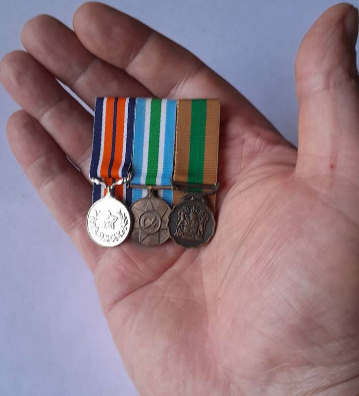 SADF Court Mounted Miniature Medal Set. General Service, Unitas, 10 Years Good Service.