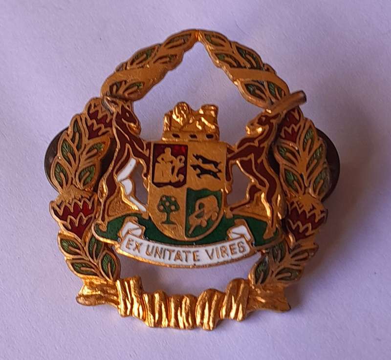SA Prison Service Warrant Officer Cap Badge.  Gilt And Enamel. Pins Intact.