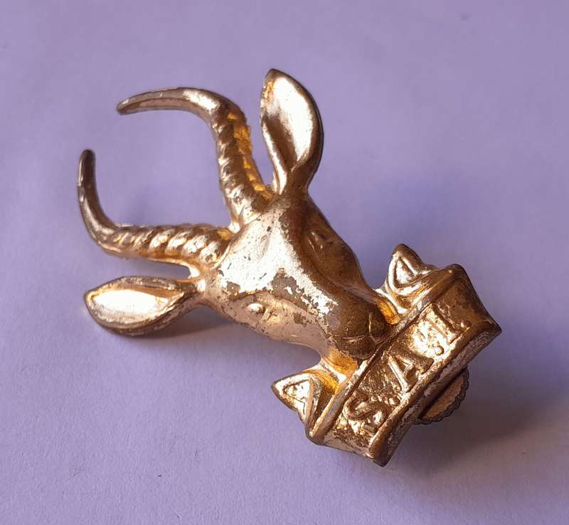 SADF South African Infantry Gilt Metal Cap Badge.  All Screw Lugs Intact.