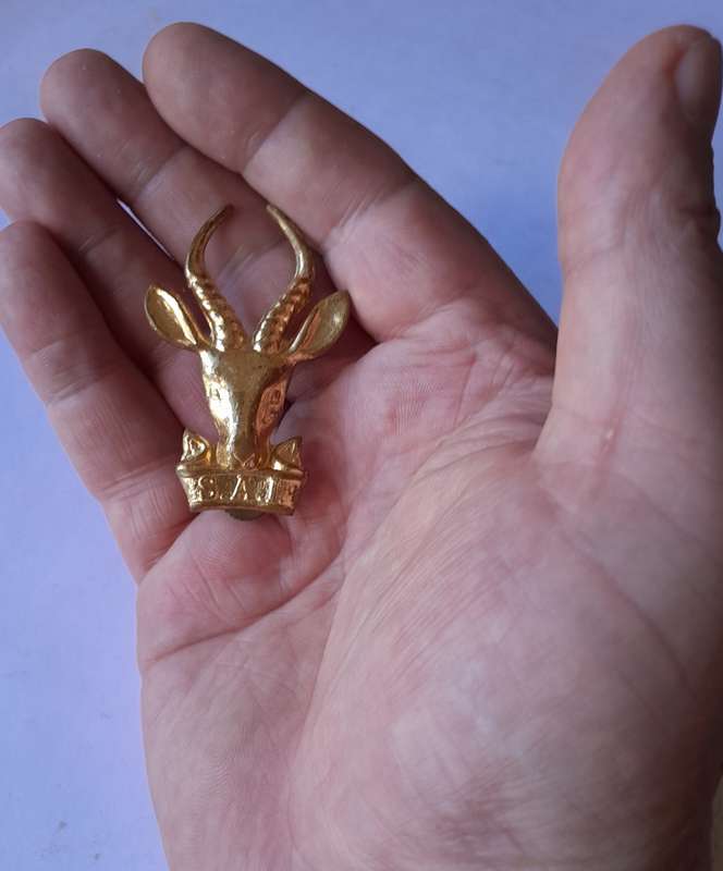 SADF South African Infantry Gilt Metal Cap Badge.  All Screw Lugs Intact.