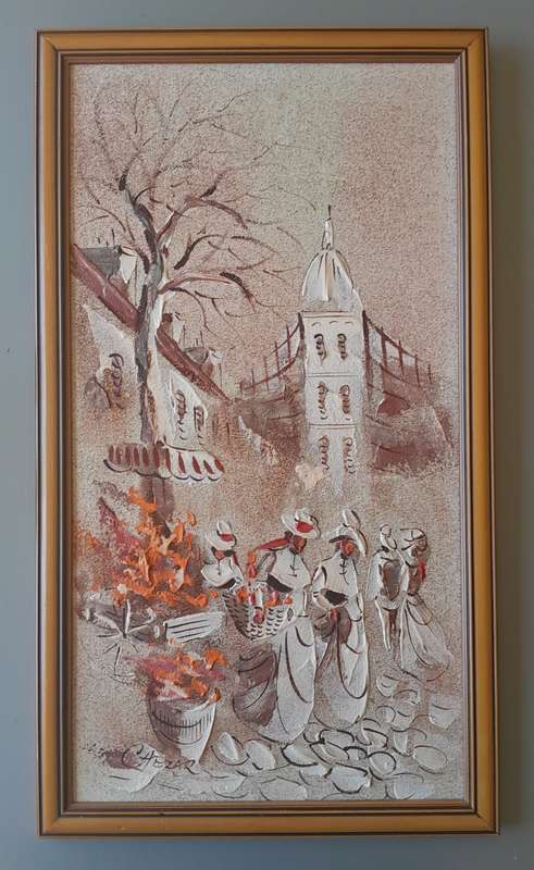 Framed Boris Chezar (1913-2008) Sand Oil on Board "Street Scene". 69 X 39cm.