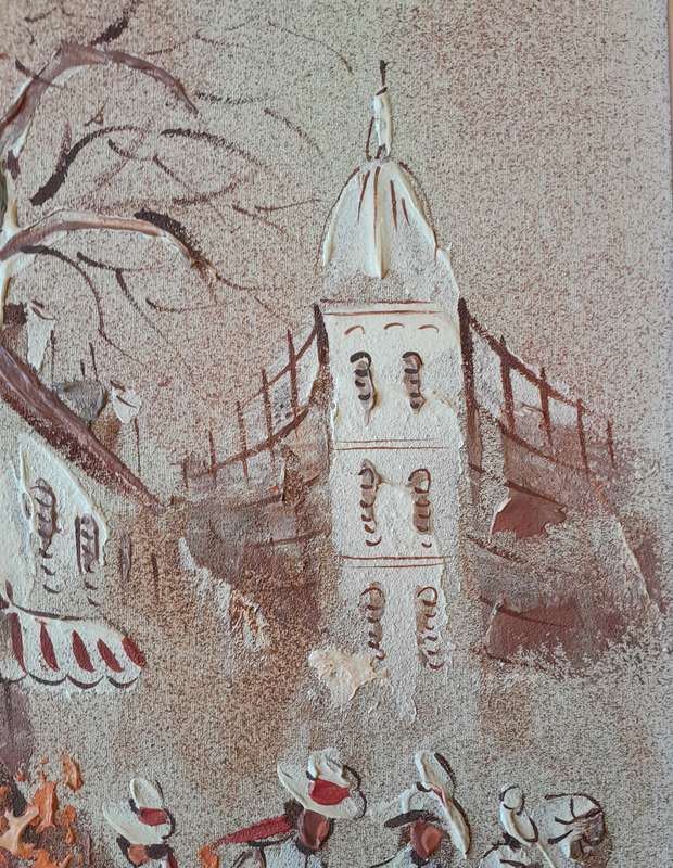 Framed Boris Chezar (1913-2008) Sand Oil on Board "Street Scene". 69 X 39cm.