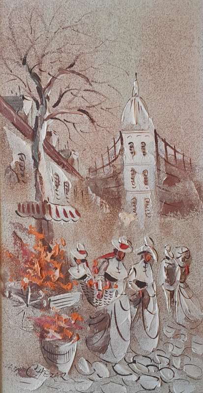 Framed Boris Chezar (1913-2008) Sand Oil on Board "Street Scene". 69 X 39cm.