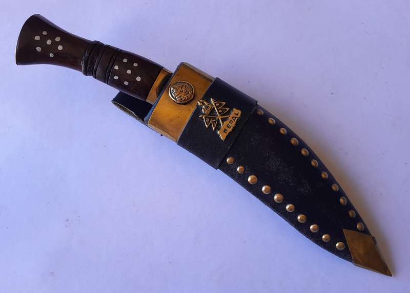 Vintage Nepalese Gurkha Kukri Dagger with Engraved Blade and Scabbard.