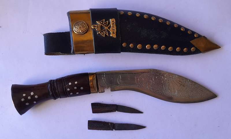 Vintage Nepalese Gurkha Kukri Dagger with Engraved Blade and Scabbard.