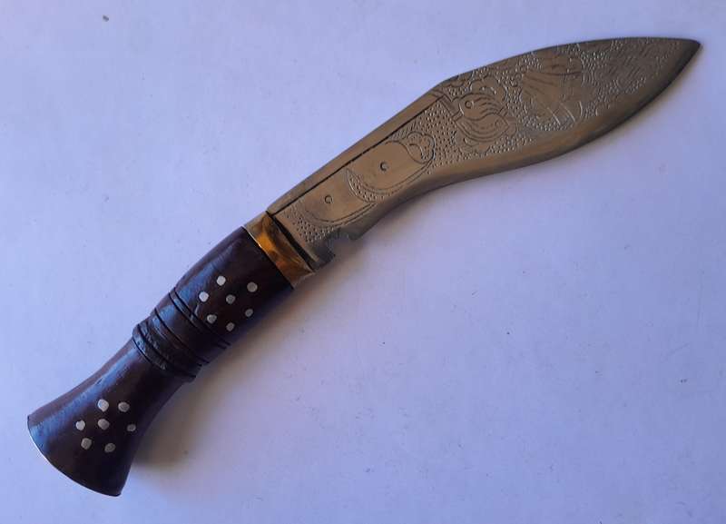 Vintage Nepalese Gurkha Kukri Dagger with Engraved Blade and Scabbard.
