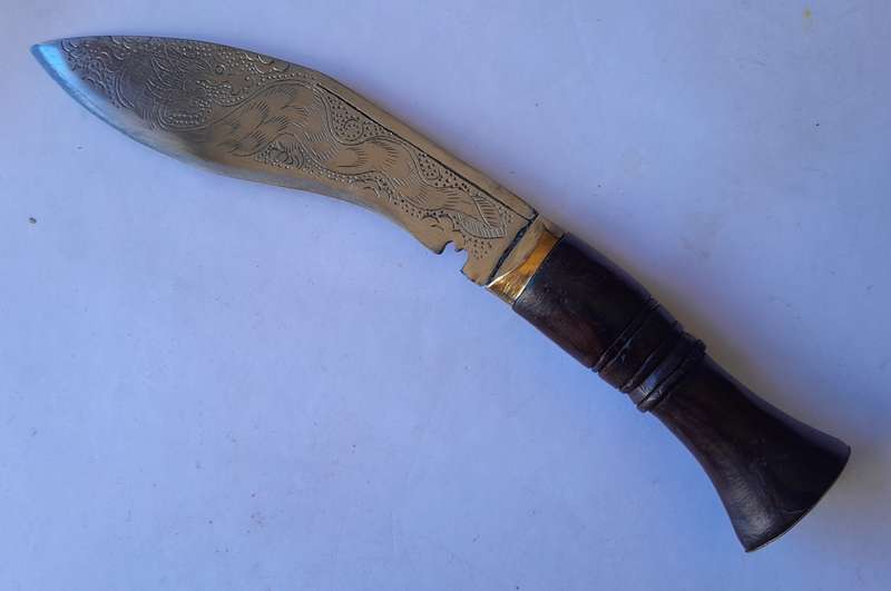 Vintage Nepalese Gurkha Kukri Dagger with Engraved Blade and Scabbard.