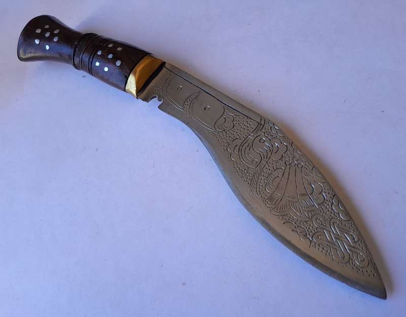 Vintage Nepalese Gurkha Kukri Dagger with Engraved Blade and Scabbard.