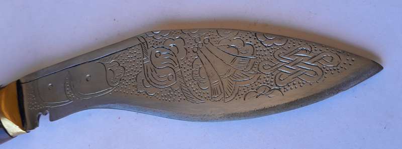 Vintage Nepalese Gurkha Kukri Dagger with Engraved Blade and Scabbard.