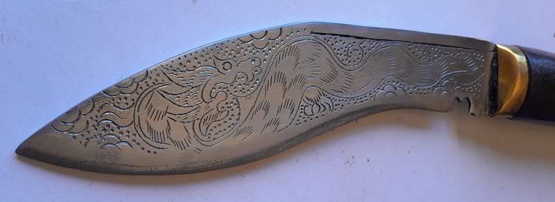Vintage Nepalese Gurkha Kukri Dagger with Engraved Blade and Scabbard.