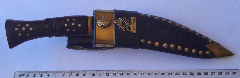 Vintage Nepalese Gurkha Kukri Dagger with Engraved Blade and Scabbard.