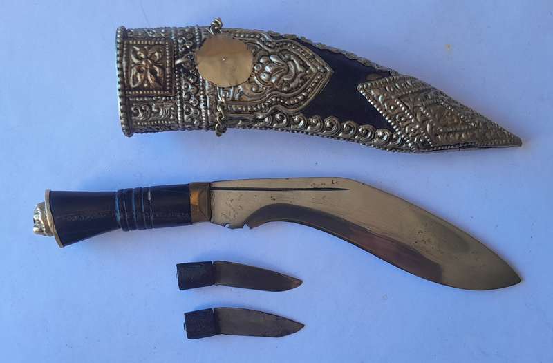 Vintage Khotimora Kukri with Inlaid Brass and Embossed Silver Scabbard.