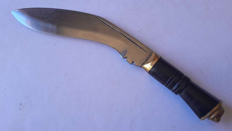 Vintage Khotimora Kukri with Inlaid Brass and Embossed Silver Scabbard.