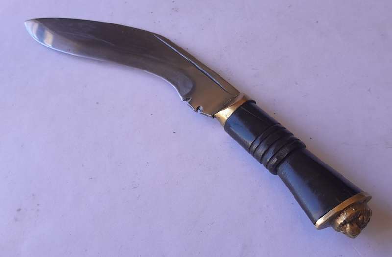 Vintage Khotimora Kukri with Inlaid Brass and Embossed Silver Scabbard.